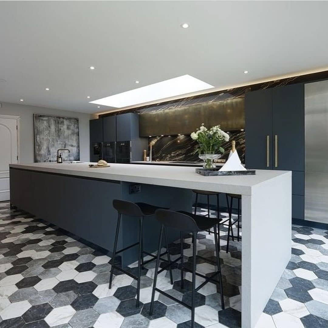 20. Navy and White Contemporary Kitchen with Geometric Flooring - unique kitchen ideas