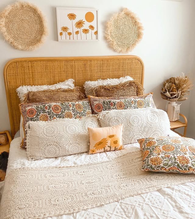 1. Boho Sunflower & Rattan Retreat in Warm Neutrals - sunflower bedroom ideas