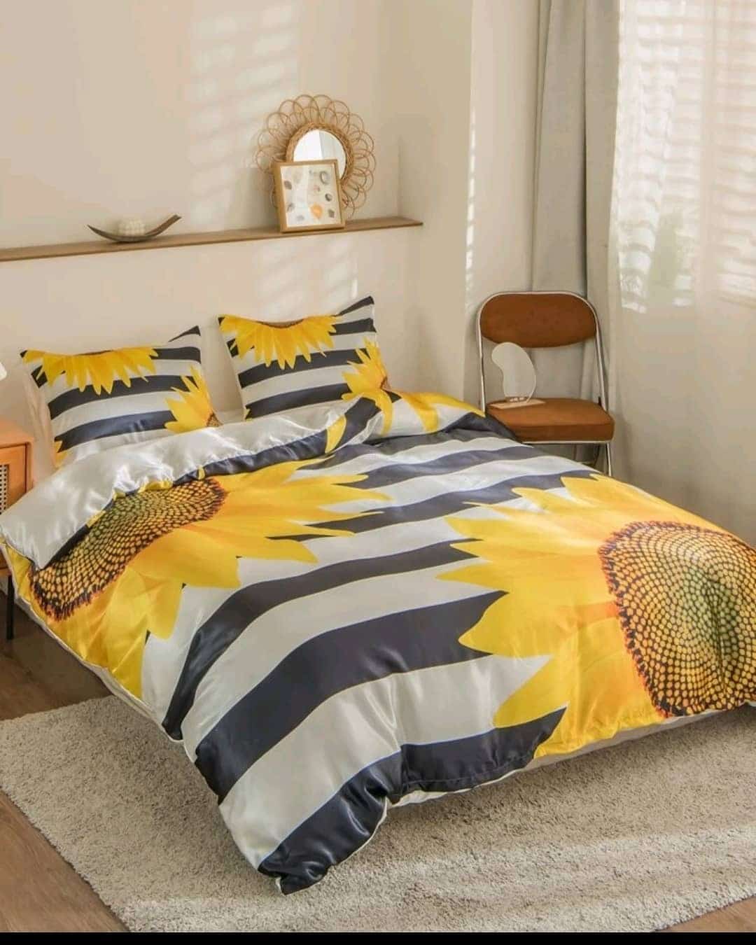 2. Bold Sunflower Statement in Yellow and Charcoal Stripes - sunflower bedroom ideas
