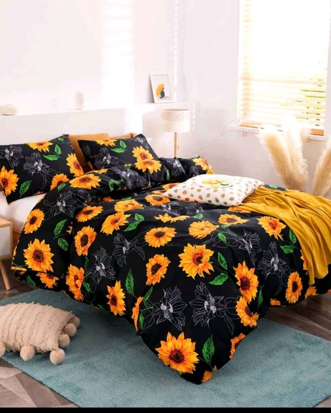 3. Dramatic Black & Golden Sunflower Sanctuary - sunflower bedroom ideas