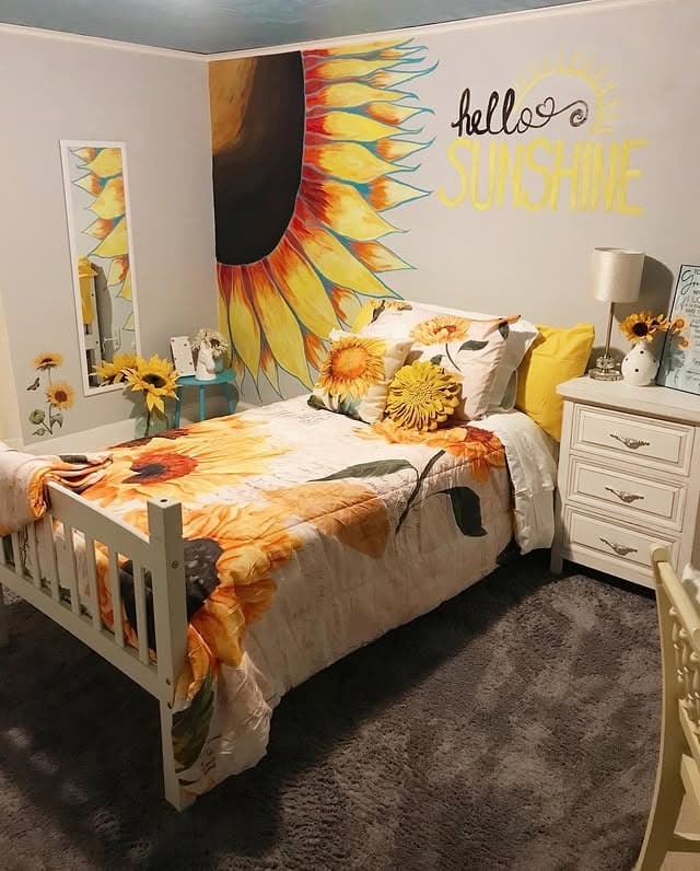 7. Statement Sunflower Mural with Sunshine Script - sunflower bedroom ideas