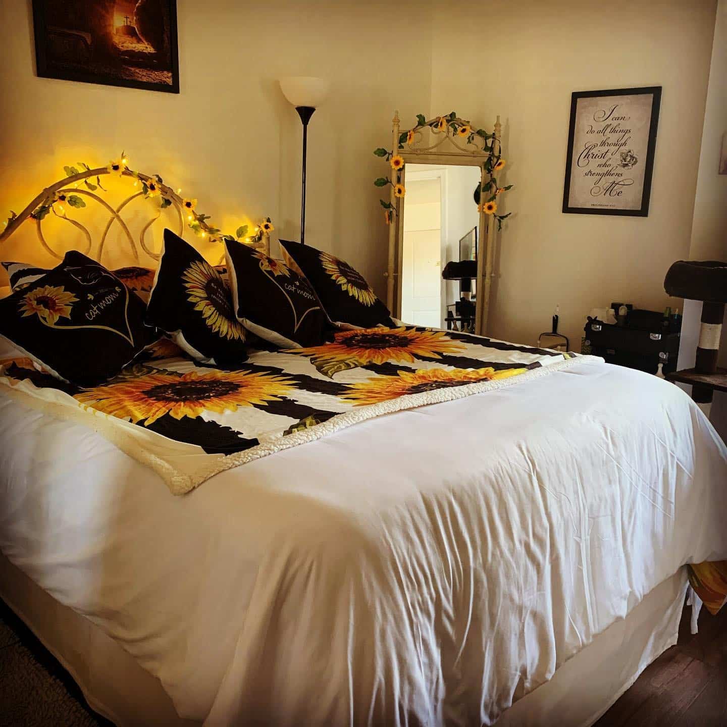 11. Moody Black & Gold Sunflower Glow Bedroom - sunflower bedroom ideas