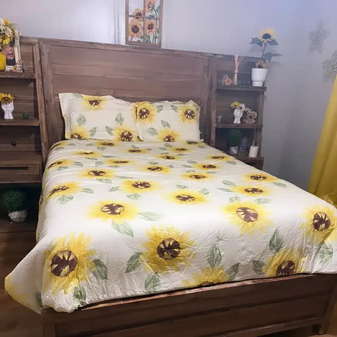 12. Rustic Wood Sunflower Retreat in Cream and Honey - sunflower bedroom ideas