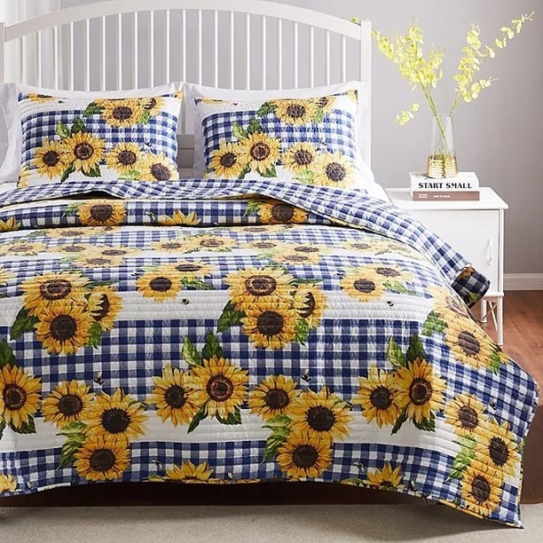 16. Blue Gingham and Sunflower Country Quilt - sunflower bedroom ideas