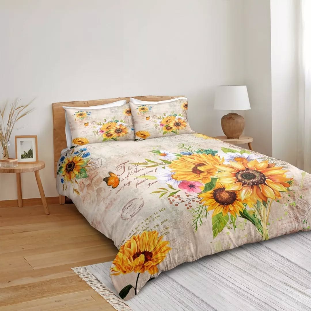17. Vintage Script Sunflower Bedding in Soft Neutrals - sunflower bedroom ideas