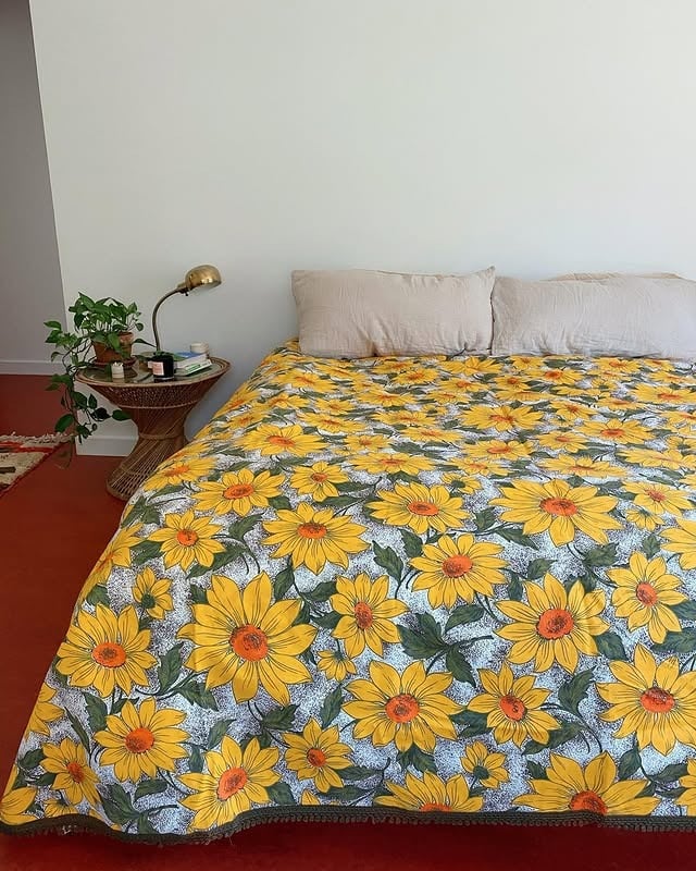18. Minimalist Sunflower Coverlet in Yellow and Olive - sunflower bedroom ideas
