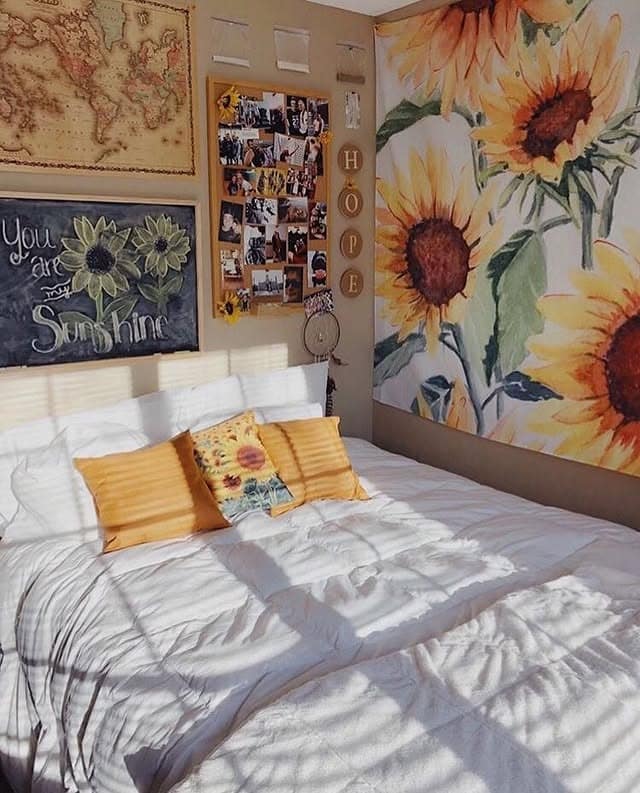 19. Sunflower Gallery Wall with White and Mustard Accents - sunflower bedroom ideas