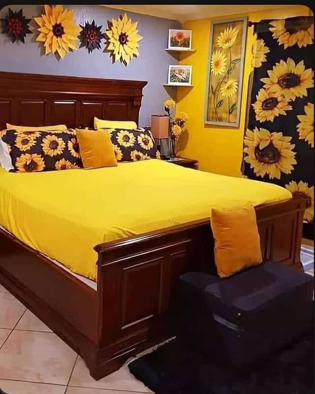 21. Bold Yellow and Espresso Sunflower Statement Bedroom - sunflower bedroom ideas