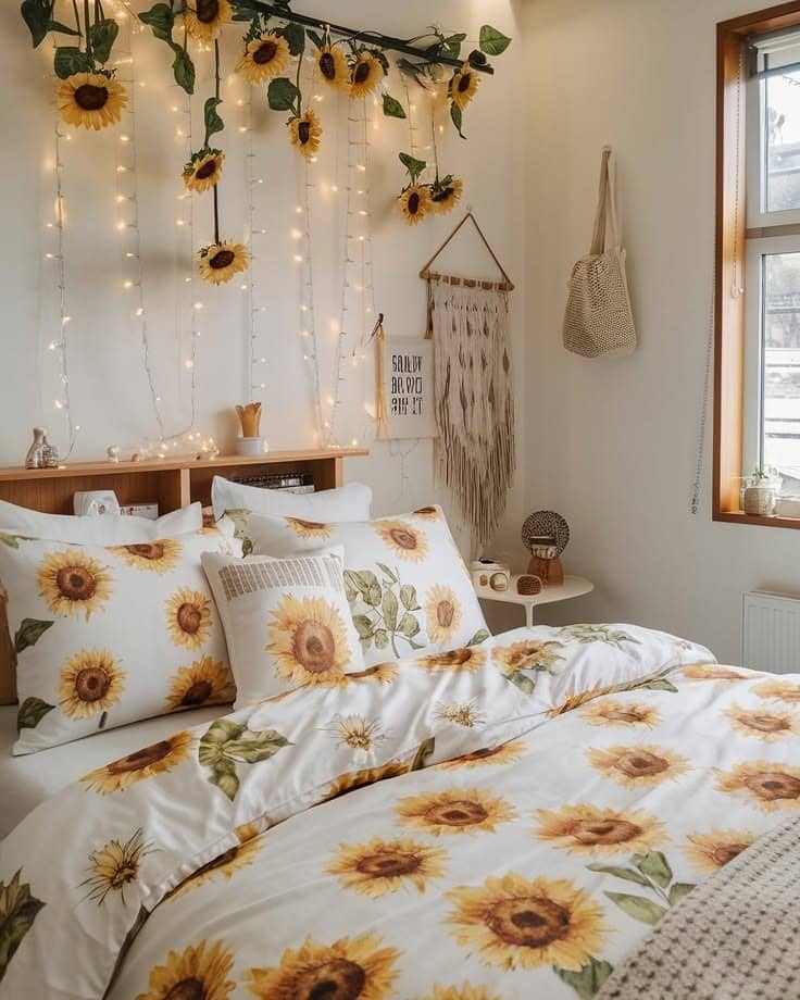 22. Soft Ivory and Natural Wood Sunflower Light-Filled Retreat - sunflower bedroom ideas