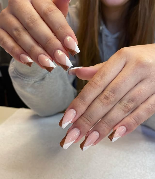 1. Mocha & Milky White Angled French Tips - brown and white nail ideas