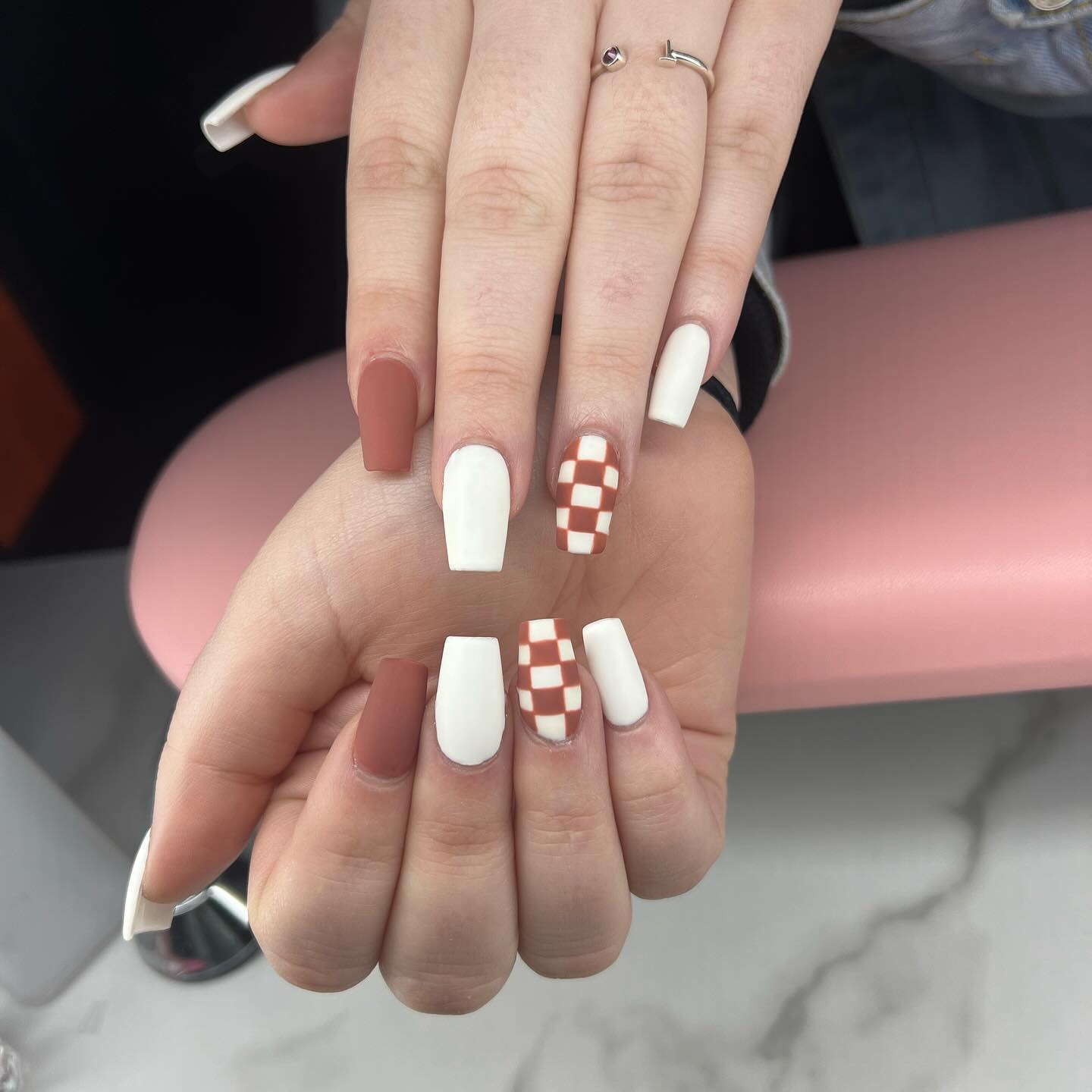 3. Cocoa & Cream Checkerboard Set - brown and white nail ideas