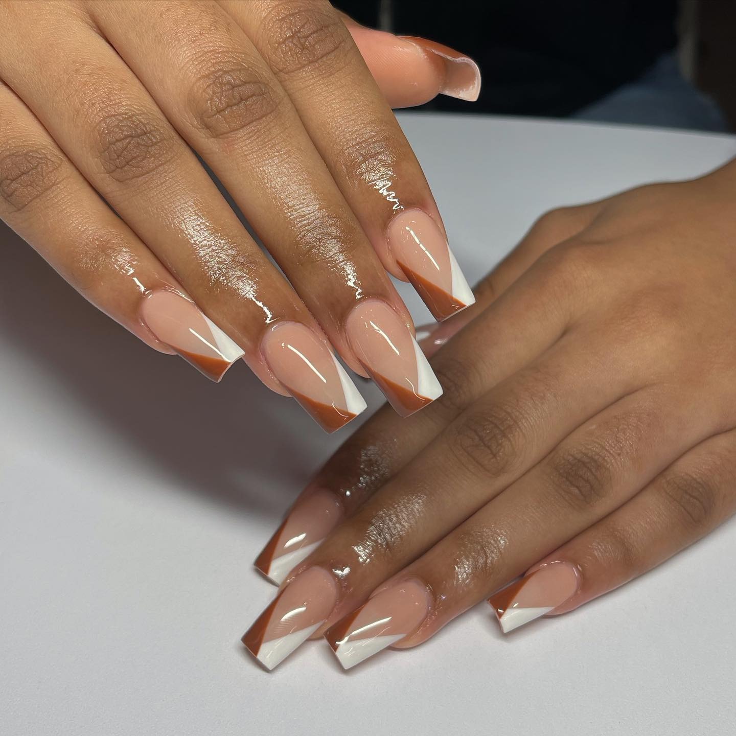 5. Warm Toffee Double-Tip French - brown and white nail ideas