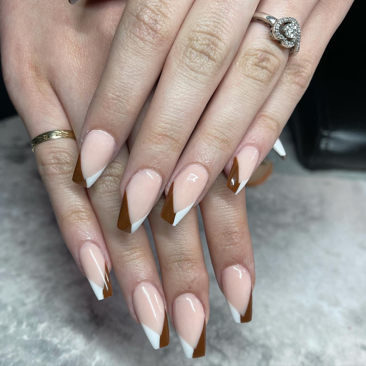 6. Almond Mocha Color Block French - brown and white nail ideas