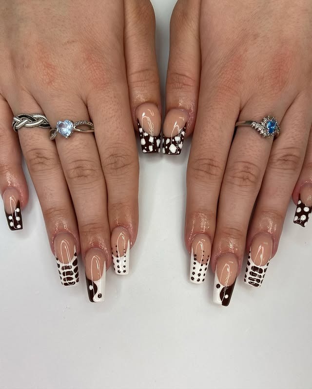 11. Chocolate & Cream Graphic French Mix - brown and white nail ideas