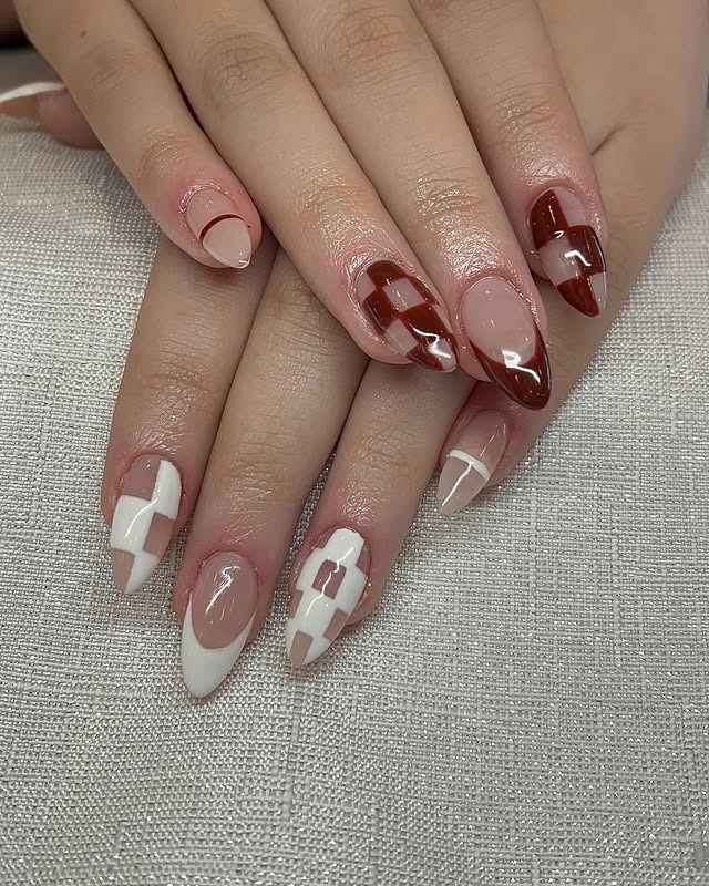 12. Cocoa Almond Patchwork Design - brown and white nail ideas