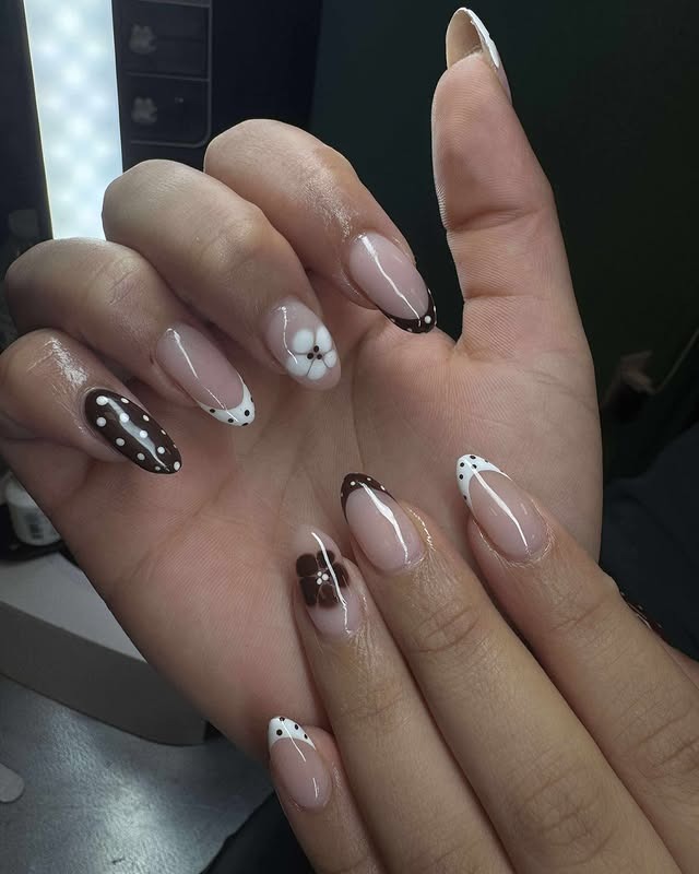 16. Cocoa Polka Dot & Floral French - brown and white nail ideas