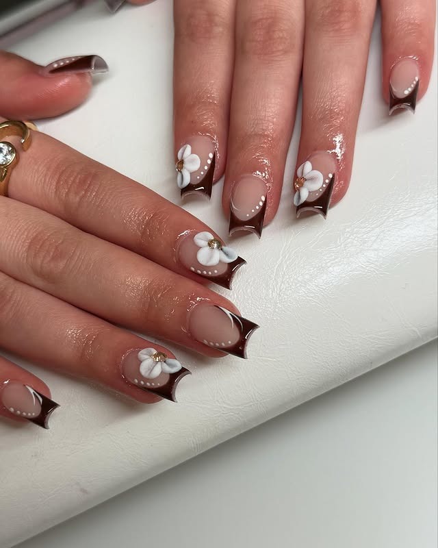 20. Chocolate Petal French Tips - brown and white nail ideas