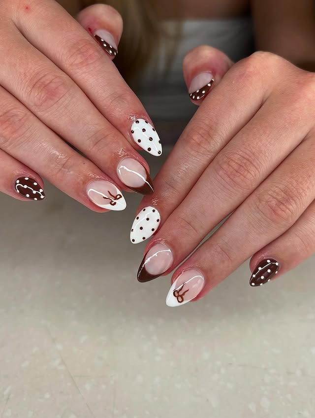22. Chocolate French & Polka Dot Almond Mix - brown and white nail ideas