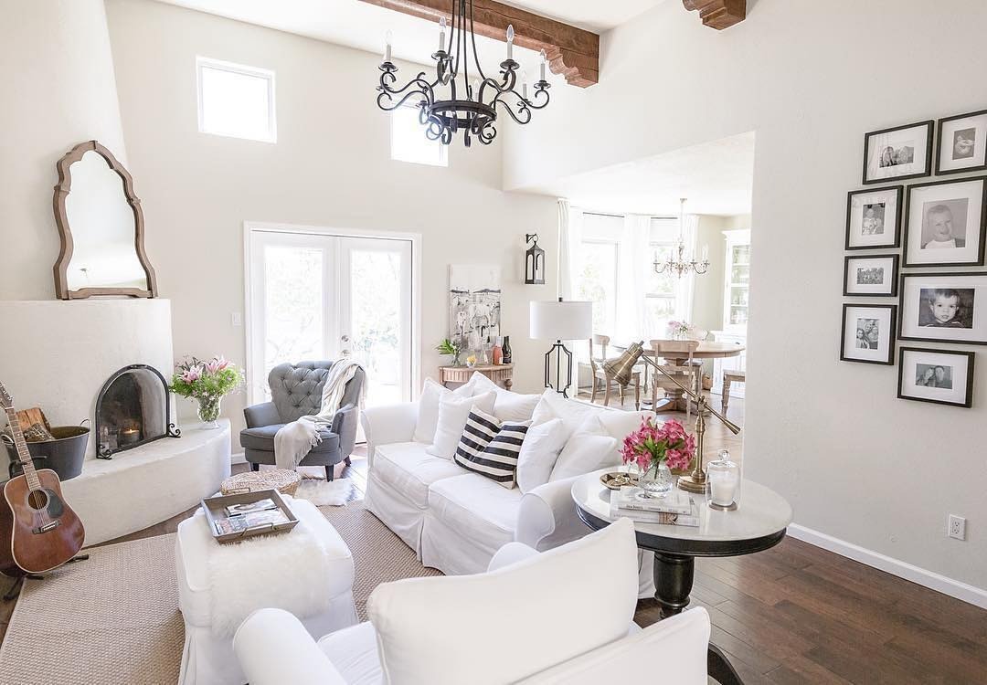 4. Modern Farmhouse White with Rustic Wood Beams - white living room ideas