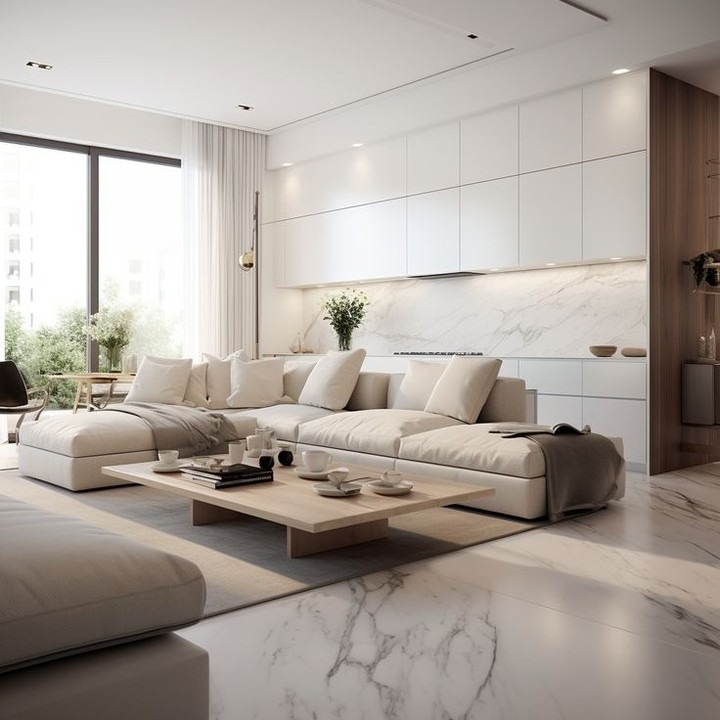 5. Minimalist White with Marble & Wood Accents - white living room ideas