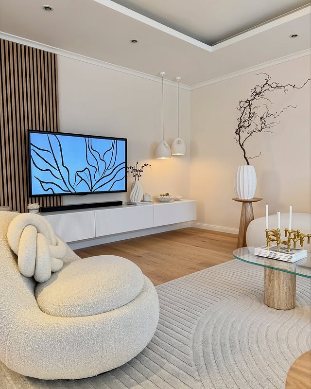 14. Soft Beige-White with Wood Slat Accent - white living room ideas