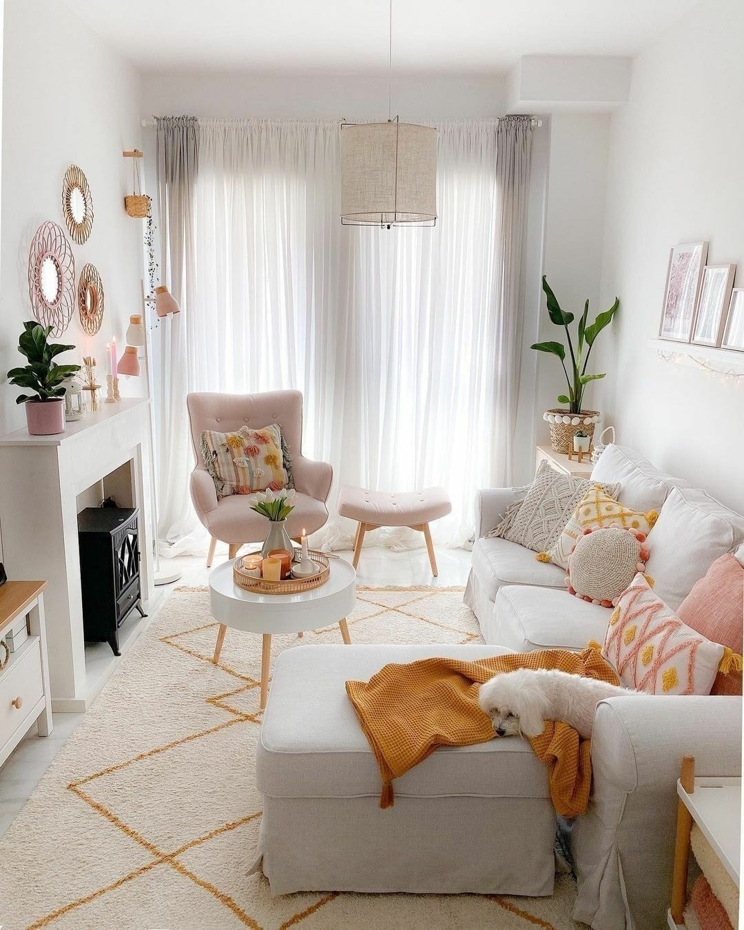 15. Blush and Mustard Accents in a White Setting - white living room ideas