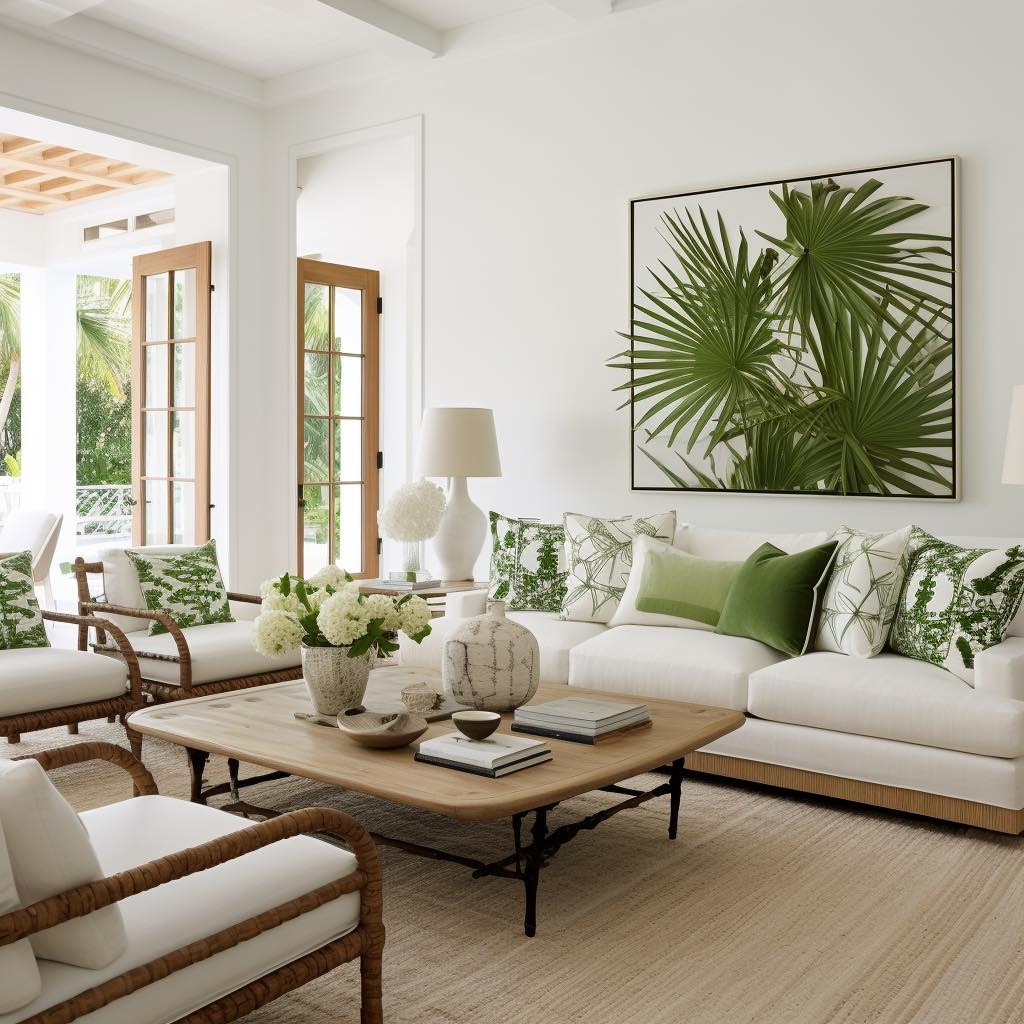19. Tropical White with Botanical Green Accents - white living room ideas