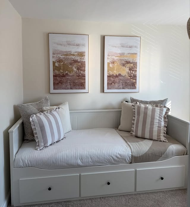 21. Soft Taupe and Blush Daybed with Built-In Storage - spare bedroom ideas