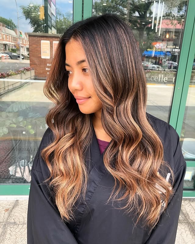 21. Golden Brown Balayage with Soft Beach Waves - Golden Brown Hair Color