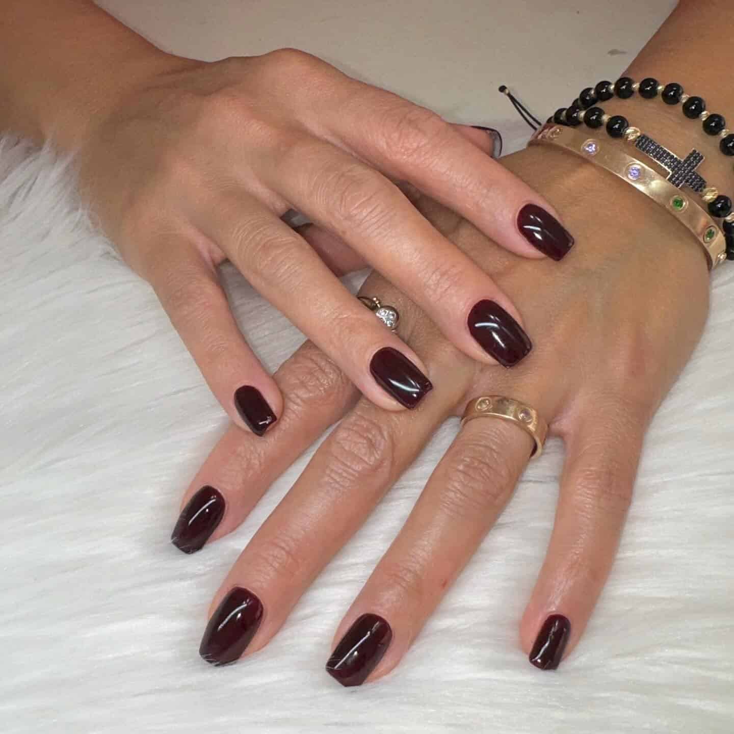 1. Glossy Deep Burgundy Square Nails - burgundy fall nail ideas