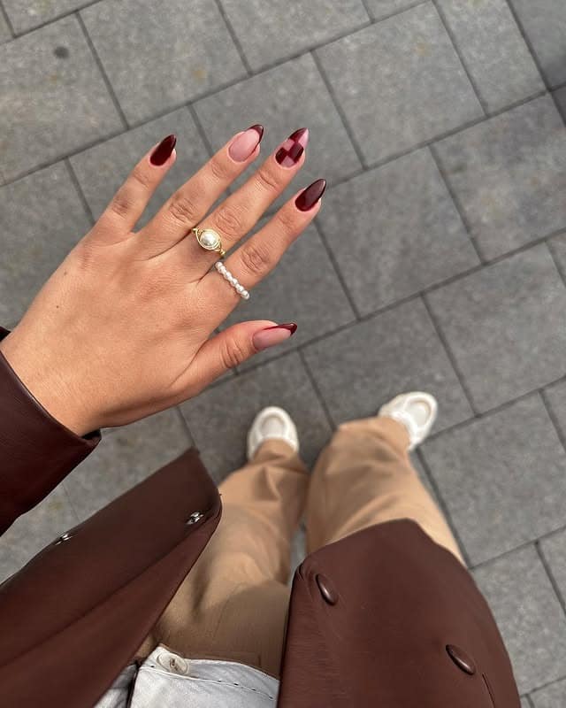 7. Burgundy French Fade Almond Nails - burgundy fall nail ideas