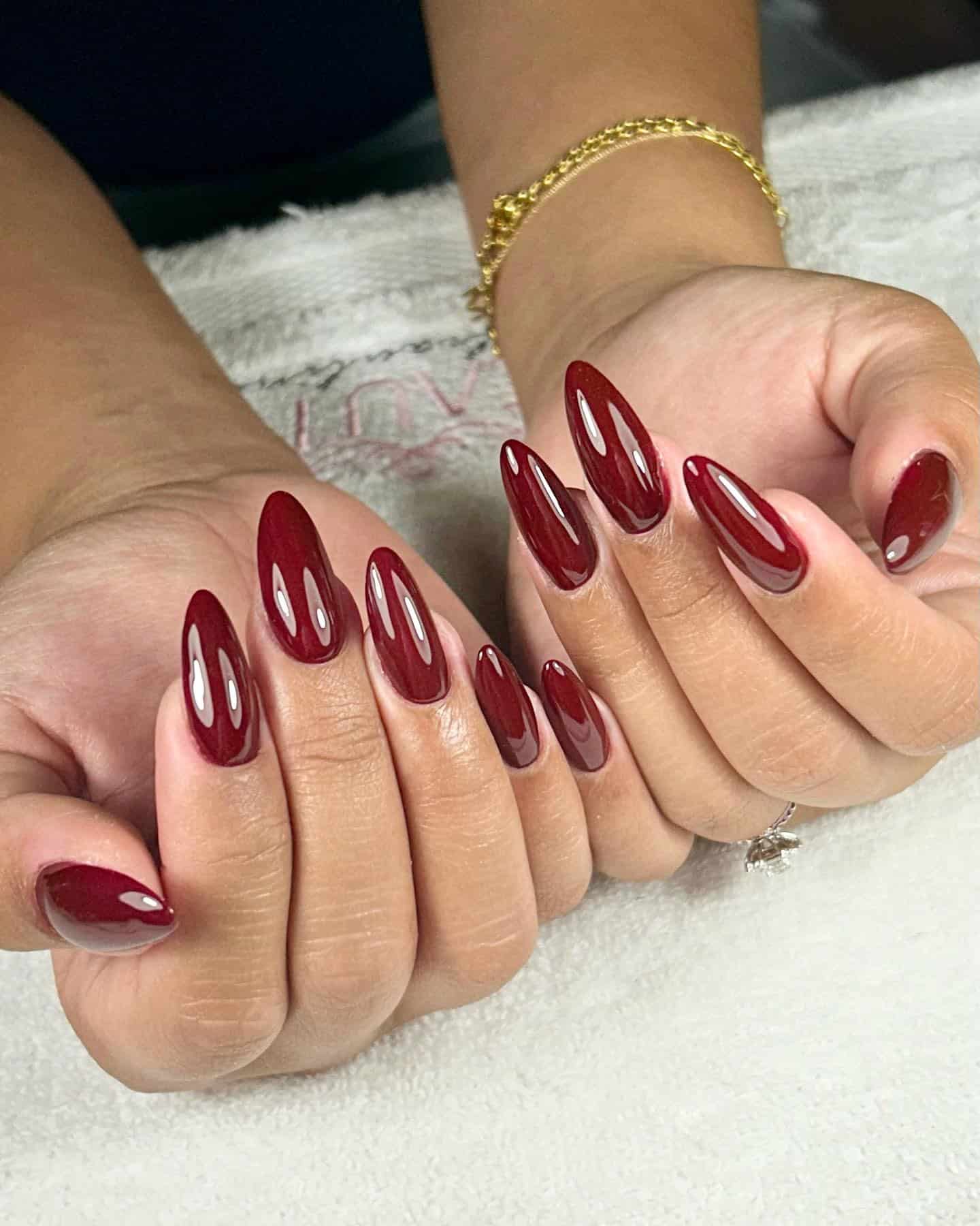 8. Cherry Red Gloss Stiletto Nails - burgundy fall nail ideas
