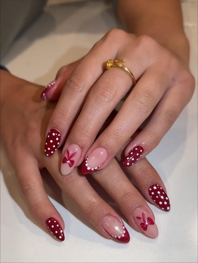14. Burgundy and Blush Polka Dot Almond Nails - burgundy fall nail ideas