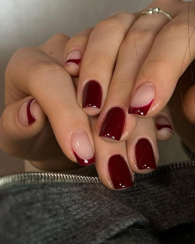 19. Short Burgundy Micro French Nails - burgundy fall nail ideas