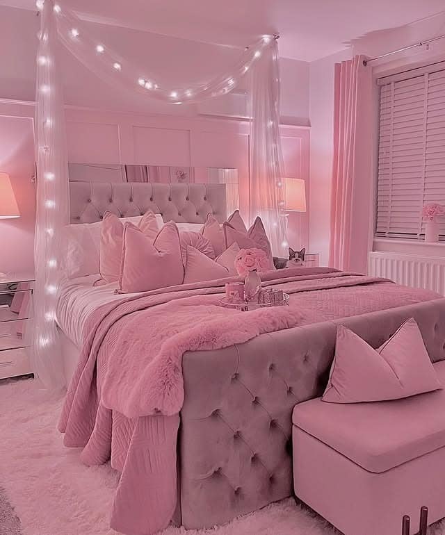 1. Blush Canopy Glam with Soft Grey Upholstery - pink and grey bedroom ideas