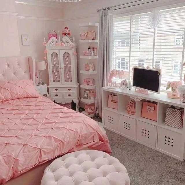5. Classic Pink Comfort with White Storage - pink and grey bedroom ideas
