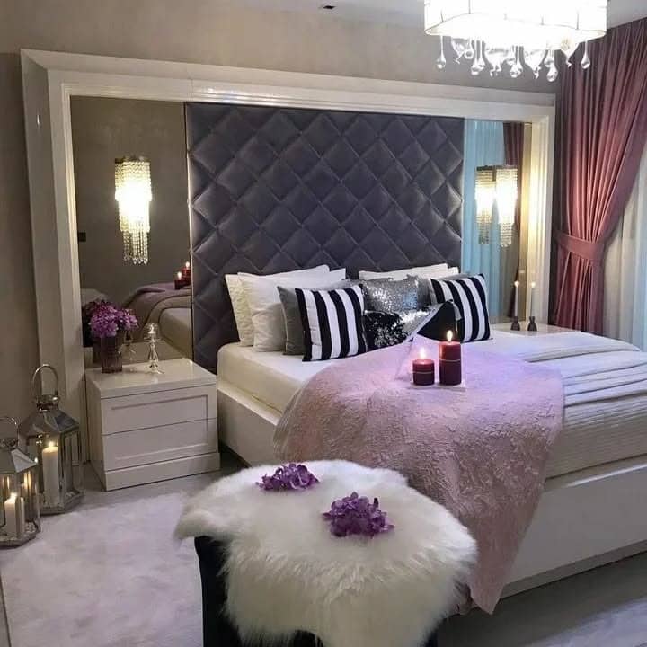 8. Luxe Grey Panel Wall with Blush Accents - pink and grey bedroom ideas