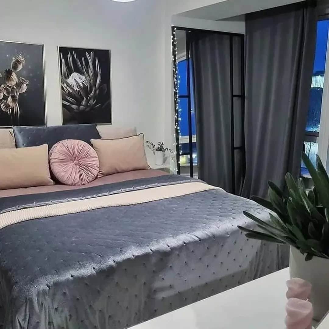 12. Slate Grey and Blush Evening Elegance - pink and grey bedroom ideas