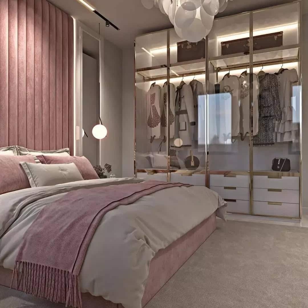 13. Modern Pink Panel Wall with Glass Wardrobe Glam - pink and grey bedroom ideas