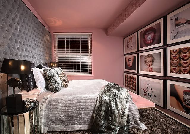15. Bold Pink Walls with Charcoal Tufted Headboard - pink and grey bedroom ideas