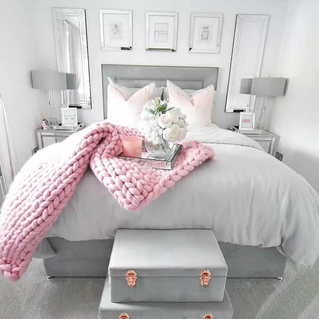 16. Crisp White and Blush with Subtle Grey Base - pink and grey bedroom ideas