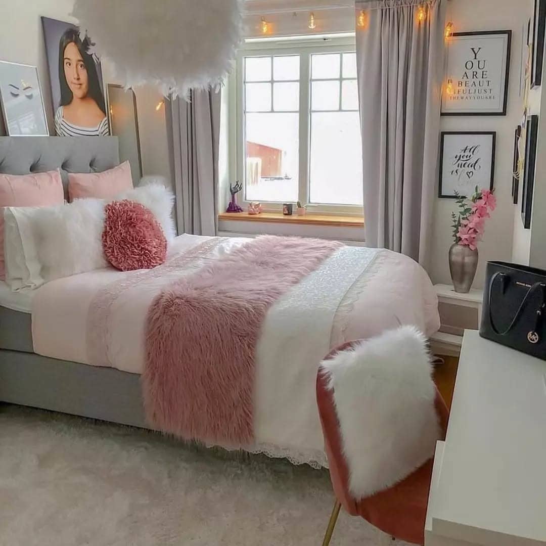 17. Feminine Blush and Grey with Statement Lighting - pink and grey bedroom ideas