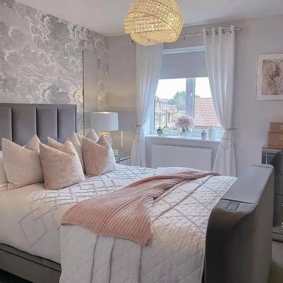 18. Textured Grey Wallpaper with Blush Accessories - pink and grey bedroom ideas