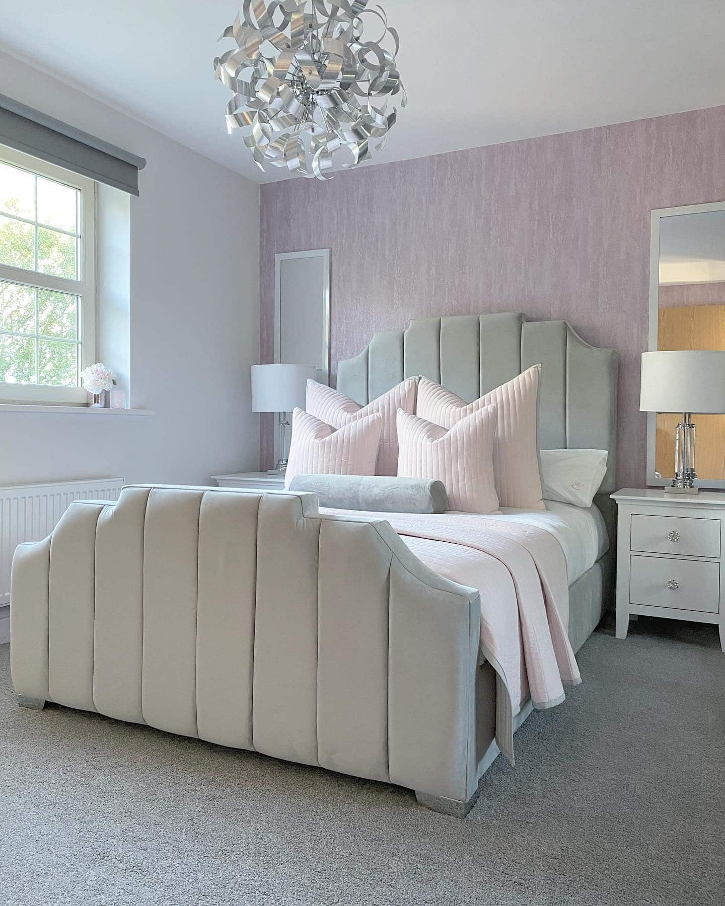 19. Blush Feature Wall with Sculpted Grey Bed Frame - pink and grey bedroom ideas
