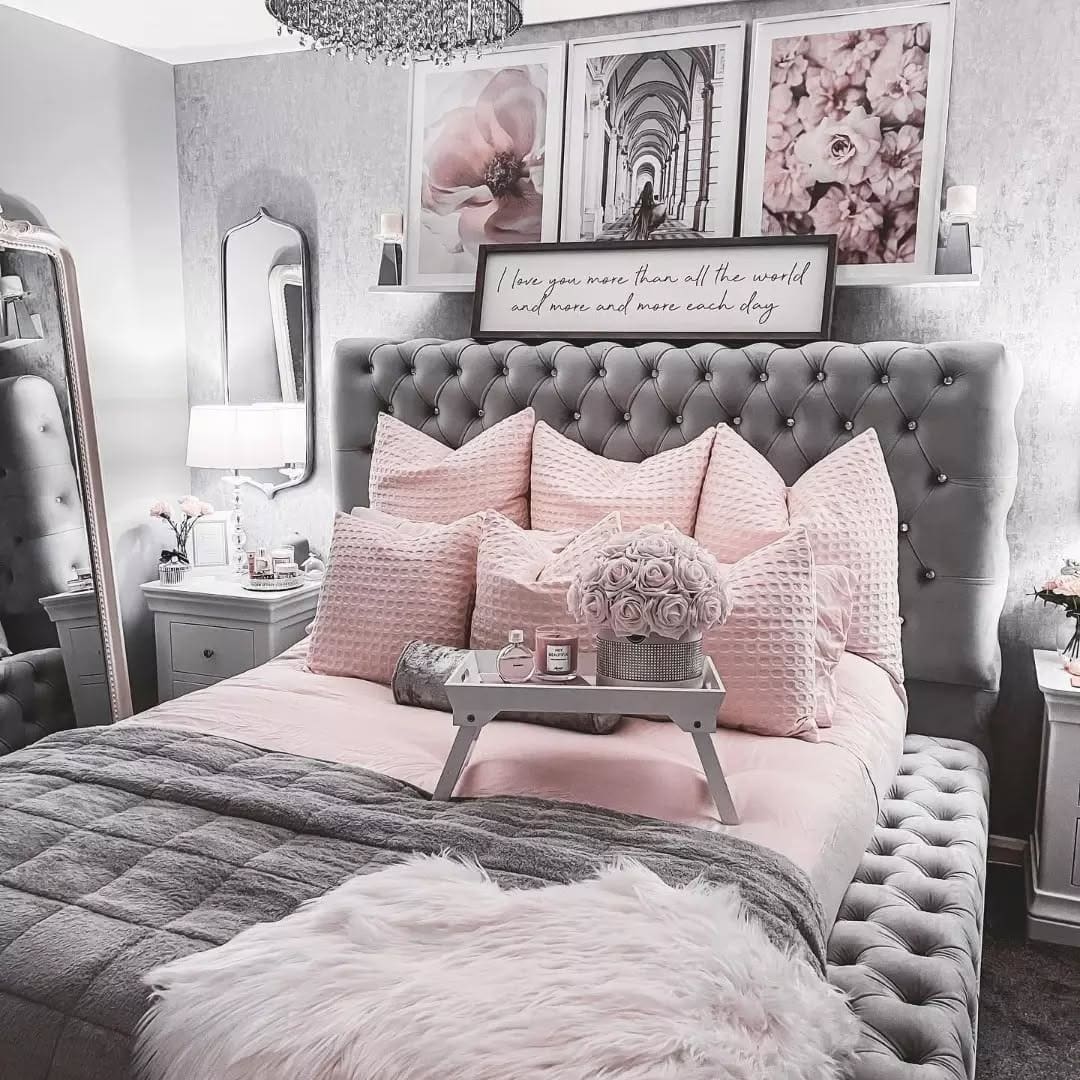 22. Glamorous Blush and Diamond-Tufted Grey Elegance - pink and grey bedroom ideas