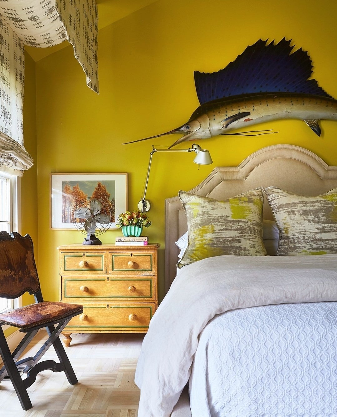 4. Statement Wall Bedroom in Bold Sunflower Yellow - yellow bedroom ideas
