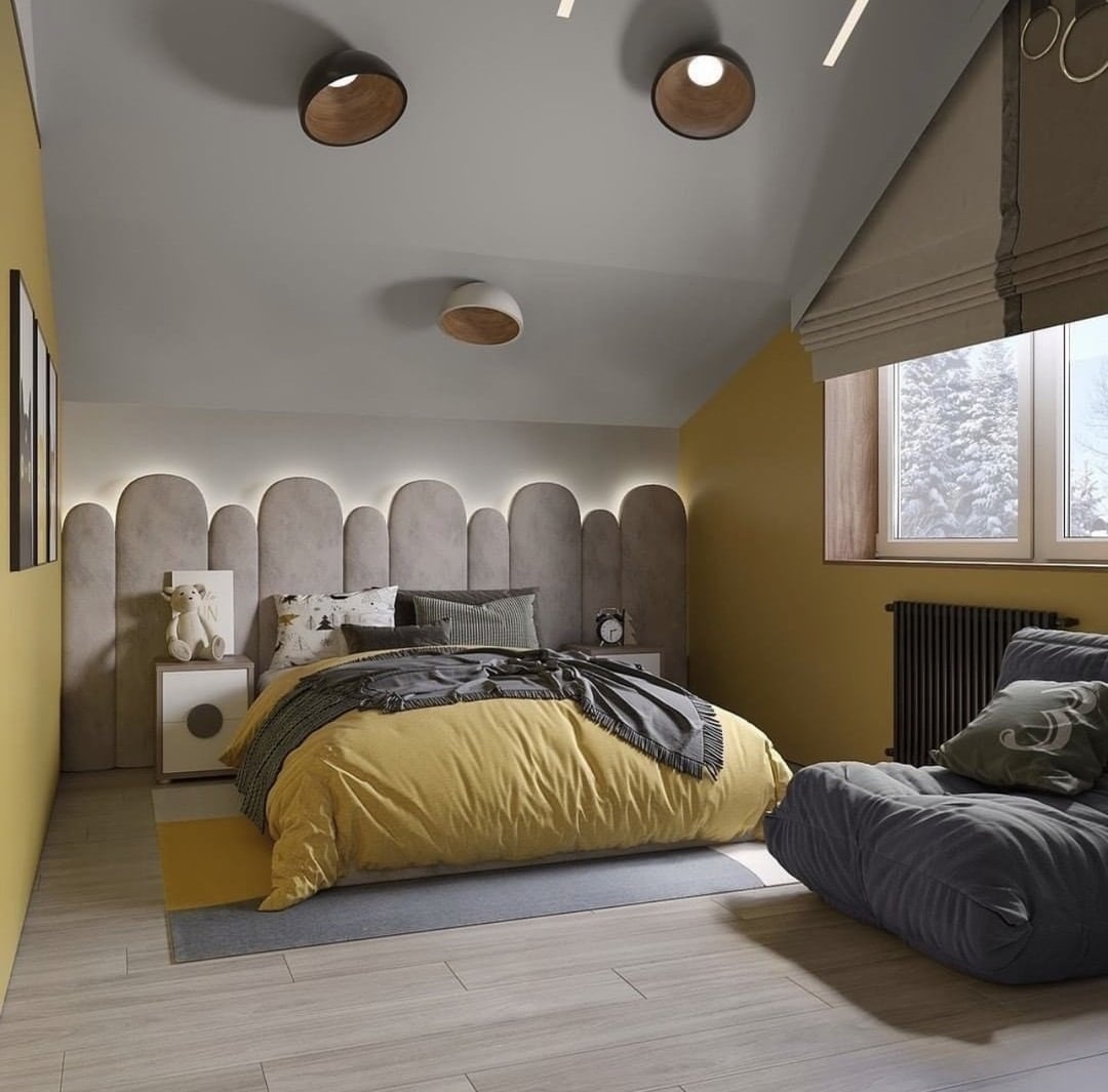 7. Contemporary Panel Headboard Bedroom in Ochre Yellow - yellow bedroom ideas