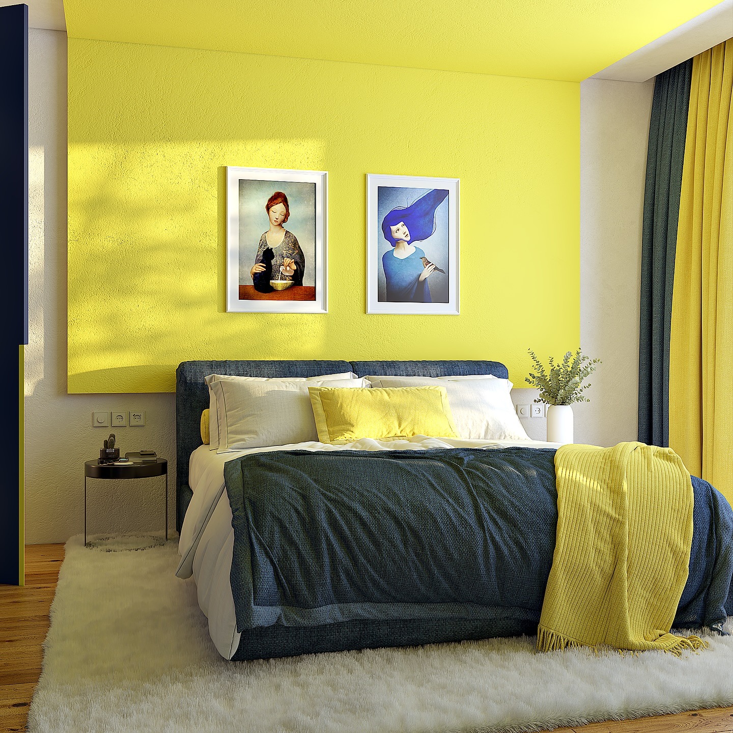 9. Blue and Yellow Contrast Bedroom with Soft Butter Yellow Walls - yellow bedroom ideas