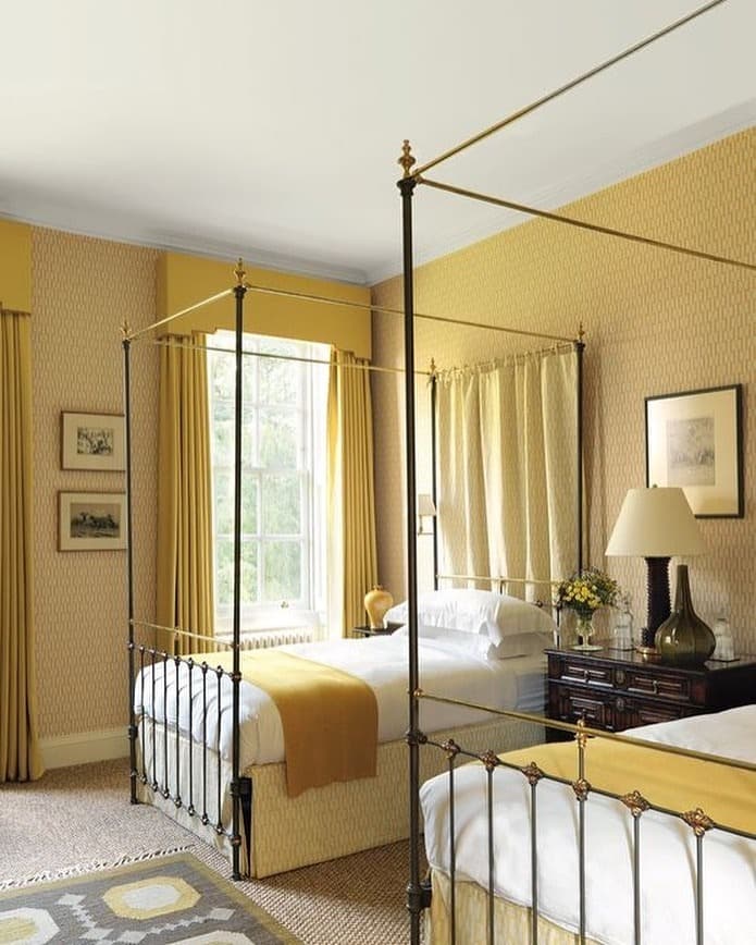 10. Elegant Traditional Bedroom in Honey Yellow - yellow bedroom ideas
