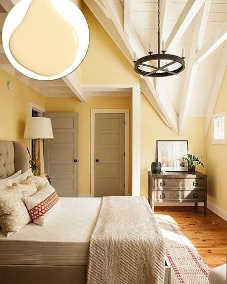 11. Vaulted Ceiling Bedroom in Soft Butter Yellow - yellow bedroom ideas